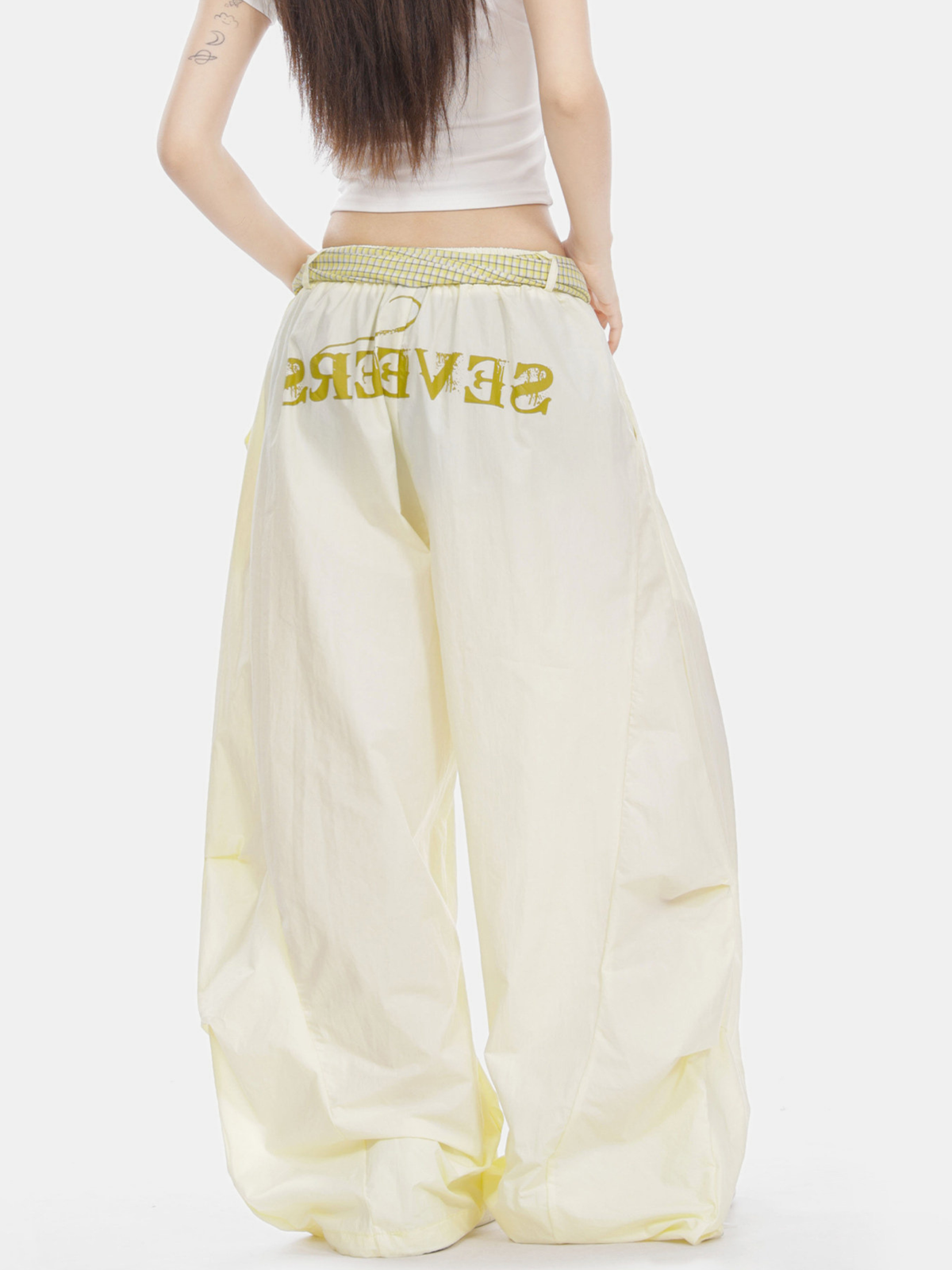 SoftEarth - Damen-Hose mit geradem Bein, Karoeinsatz und Gürtel